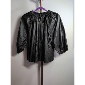 Who What Wear Women's Faux Leather Balloon 3/4 Sleeve Blouse‎ - Black - M
